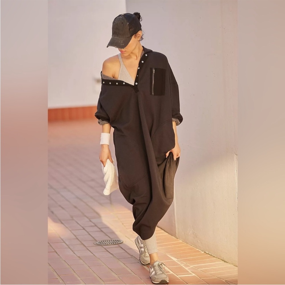 Free People Movement Block Party Sweat Oversized Maxi Dress in Black Women Small
